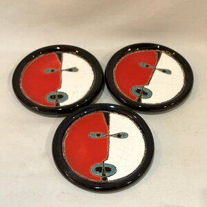 VTG Eduardo Vega Art Pottery Modernist Coasters Signed Set of 3 with Crazing
